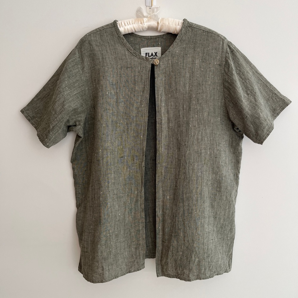FLAX By Angelheart 100% Linen Short Sleeve Olive Green Jacket Lagenlook Coastal